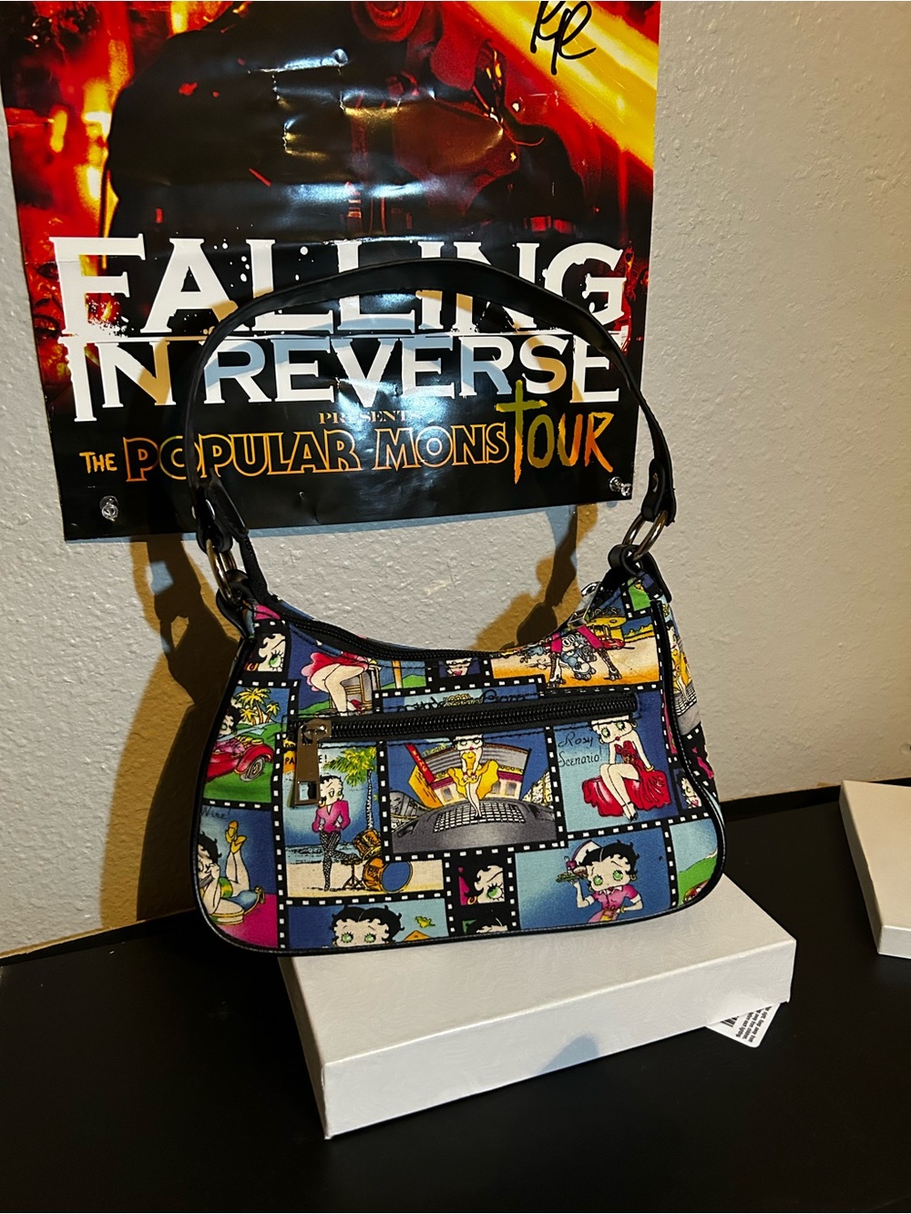 Betty Boop Multicolor Cartoon Panel Shoulder Bag with Black Strap